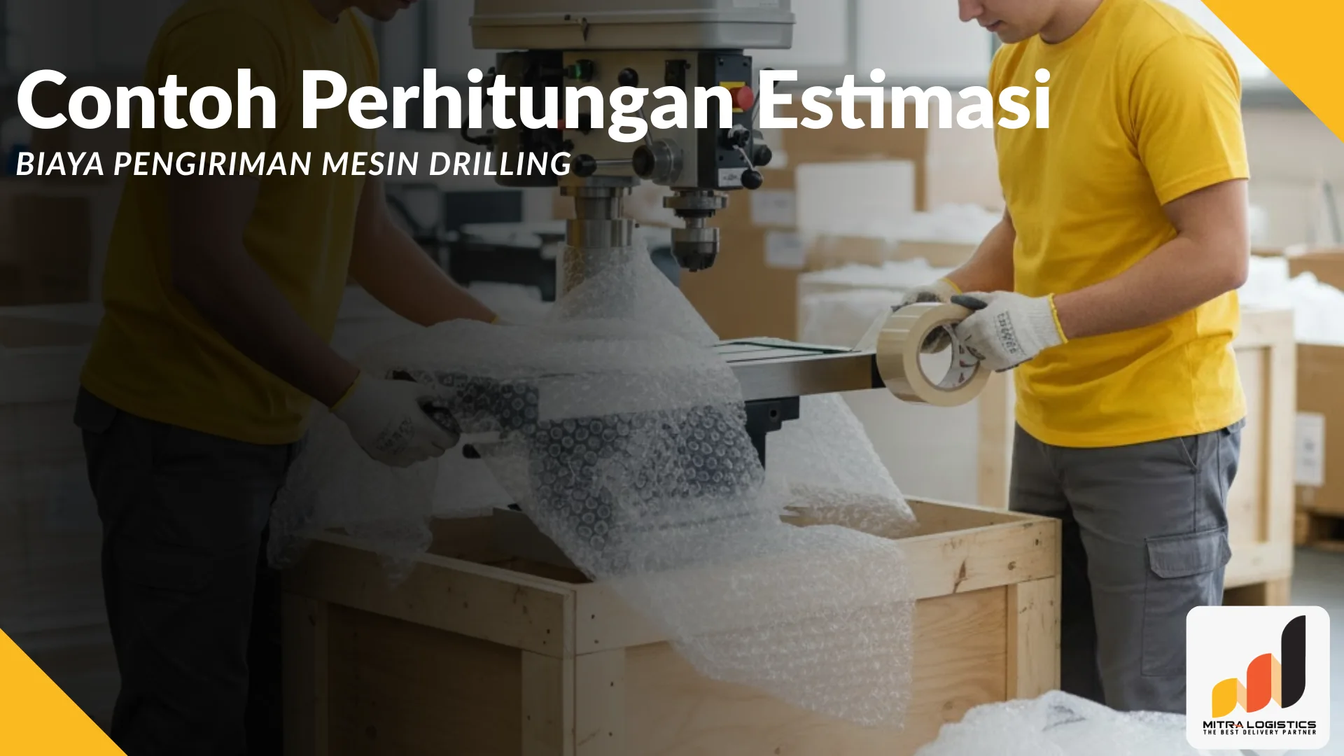Detail lashing (pengikatan) kuat pada komponen mesin drilling untuk keamanan pengiriman via laut, faktor penting dalam estimasi biaya.