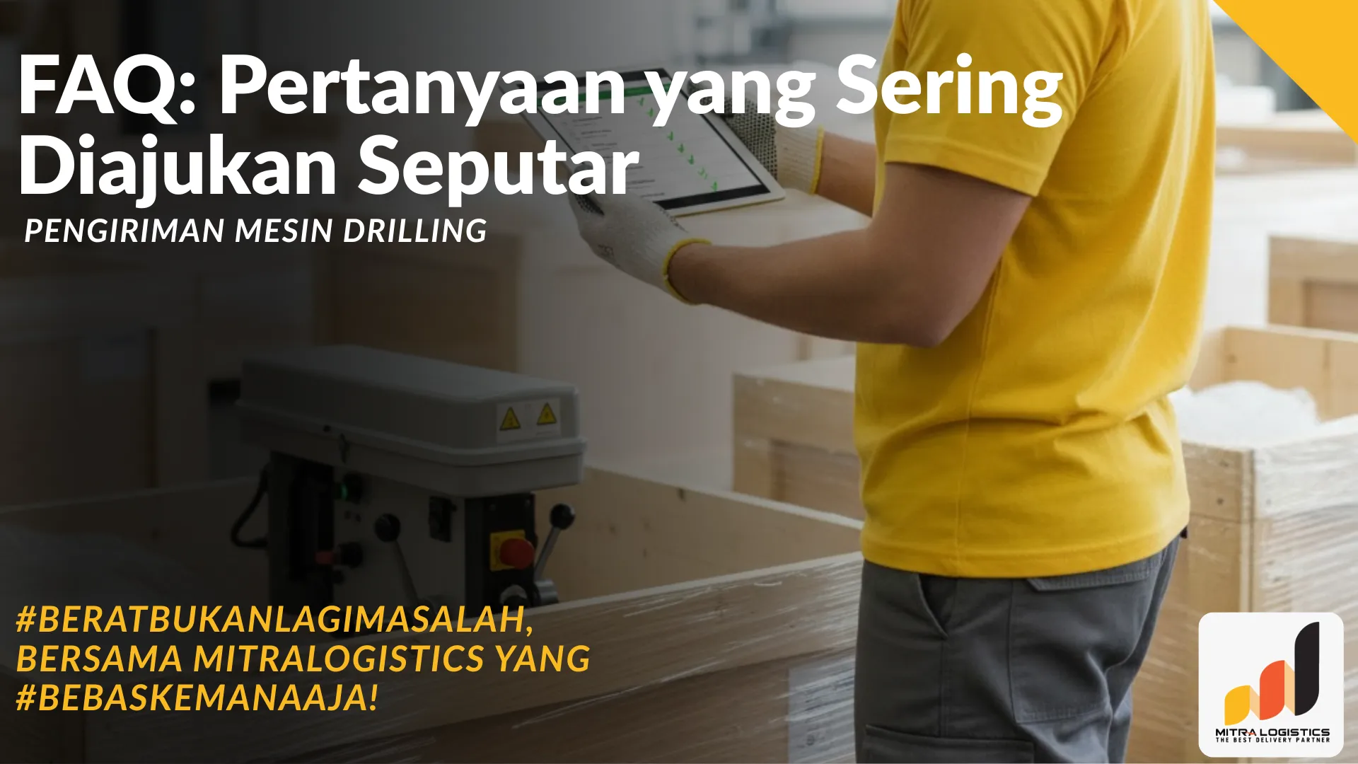 Armada truk trailer besar mengangkut alat berat industri di pelabuhan, menunjukkan layanan profesional jasa pengiriman mesin drilling Mitralogistics.