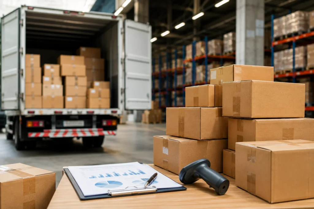 Gudang logistik dengan truk pengiriman, tumpukan paket, dan dokumen evaluasi distribusi.
